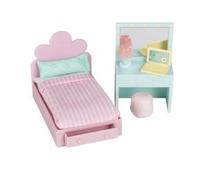 LUNDBY Casa de muñecas muebles dormitorio juvenil, cama, tocador con espejo | Accesorios para casa de muñecas, con lámpara LED, muebles en miniatura, cama con cajón, ropa de cama, espejo, puf
