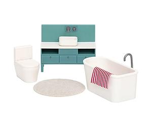 Lundby Juego de Muebles de casa de muñecas: baño Independiente + Unidad de Lavabo + Inodoro + Alfombrilla + Toalla - Accesorios para casa de muñecas - 5 Piezas - para Mini muñecas de 11 cm - Edad 3+