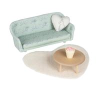 LUNDBY Muebles de casa de muñecas, sofá de salón con mesa de café | Muebles en miniatura con diseño de conejo, cojín de corazón, mesa de madera, alfombra de corazón y planta