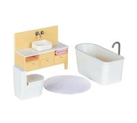 LUNDBY Muebles para casa de muñecas, set de baño con bañera y inodoro, 5 | Juego de muebles de baño, bañera de muñecas, inodoro con tapa, lavabo, espacio de almacenamiento, alfombra, toalla