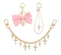 LuneClat Juego de 3 llaveros para bolsas y cadenas, accesorios de repuesto con cruz de diamantes de imitación de lazo rosa, llaveros de perlas para cartera, regalos cruzados para mujer
