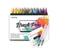 lunera Brush Pen - Juego de 50 Rotuladores de Punta de Pincel, 24 Acuarelas, 8 Letras + 16 Papel de Acuarela, 2 Pinceles para Depósito de Agua, Punta de Pincel Real para Acuarela y Caligrafía