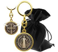 Lunexus Benediktus Llavero bendito - Medalla de San Benito con relieve y diseño en ambos lados - Regalo con bolsa de terciopelo - Símbolo de protección para coche, casa y de viaje, dorado y