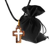 Lunexus Colgante de cruz con figura de Cristo de madera de olivo hecho a mano en Belén con cinta negra de 80 cm y bolsa de terciopelo bendecido con certificado de regalo para bautizo o comunión