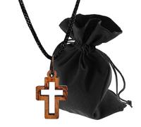 Lunexus Colgante de cruz pequeño de madera de olivo hecho a mano en Belén con cinta negra de 80 cm y bolsa de terciopelo bendecido con certificado discreto collar regalo bautizo comunión