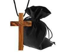 Lunexus Colgante de cruz simple de madera de olivo hecho a mano en Belén con cinta negra de 80 cm y bolsa de terciopelo bendecido con certificado de regalo religioso bautizo comunión