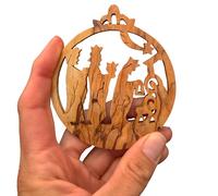 Lunexus Colgante de Madera de Olivo de los Santos Tres Reyes - Hecho a Mano en Belén - Bendito árbol de Navidad y Etiqueta de Regalo de Tierra Santa - Incluye Cinta de Oro y Plata y Certificado