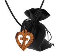 Lunexus Collar con colgante de corazón de madera de olivo con corte de cruz, hecho a mano en Belén, incluye cordón de 80 cm, color marrón natural, aprox. 3,5 x 2,8 cm, con bolsa de terciopelo y