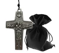 Lunexus Collar con colgante de cruz de pastor con oveja y paloma de la paz, cruz plateada en relieve, 7 × 4,5 cm, incluye correa de cuero de 60 cm y bolsa de terciopelo, bendito devocional para llevar
