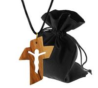 Lunexus Collar de madera de olivo con figura de Cristo - Hecho a mano Belén - Colgante cristiano bendecido con certificado - símbolo de sacrificio redención fe incluye cinta de 80 cm y bolsa de