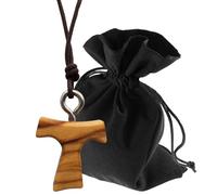 Lunexus Collar de rocío de madera de olivo franciscana hecho a mano en Belén bendecido, incluye cordón con tres nudos, color marrón natural, anillo de metal, bolsa de terciopelo, certificado regalo