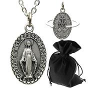 LUNEXUS Collar de Virgo María de plata - bendito - Colgante cristiano con cruz trasera - Collar Santa Madonna para mujeres, hombres y niños - 60 cm acero inoxidable - Medalla milagrosa regalo