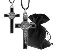 Lunexus Collar para hombre - Crucifijo con medalla Benedictus - Colgante de cruz de Zamak con inserto esmaltado - Sin níquel - Banda con cierre de nudo - Comunión confirmación bautizo, 10,5x6,5 cm