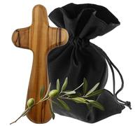 Lunexus Cruz de madera de olivo aprox. 9 cm - Hecho a mano en Belén - bendito con certificado - Incluye bolsa de tela - Cruz de consolación, bendición de bolsillo, regalo para bautizo, comunión