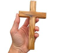 Lunexus Cruz de pared de madera de olivo hecha a mano en Belén, 16 x 9 cm, bendecida con certificado, incluye kit de montaje, cruz católica natural, cruz cristiana de madera para bautismo, comunión