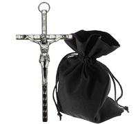 Lunexus Cruz de pared de metal de 11 cm, color plateado, con grabado INRI, crucifijo católico para pared y puerta, cruz cristiana para dormitorio, altar de casa, salón, con bolsa de terciopelo