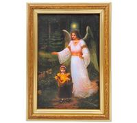 Lunexus Cuadro de ángel de la guarda de 12 x 17 cm con marco de madera y cristal auténtico, bendito católico, diseño de ángel acompañado a niño por bosque oscuro - mural bautismo nacimiento comunión