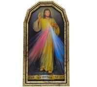 Lunexus Cuadro de Jesús Misericordioso 25 x 14 cm - Jesús confío en ti - Cuadro enmarcado con cristal real y marco dorado - Divine Mercy bendición con certificado - Jezu Ufam Tobie bendición bautizo