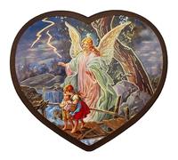 Lunexus Figura de ángel de la guarda en forma de corazón, 14 x 15,5 cm, diseño de ángel conduce a dos niños sobre el puente en la tormenta, cuadro bendito con marco de madera maciza, contornos dorados