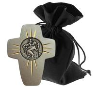 LUNEXUS Imán de San Cristóbal con Forma de Cruz para Coche, 4,5 x 3,5 cm - Placa de San Cristóbal Bendecido con Certificado - Forma de Cruz Rayos del Sol Almohadilla Adhesiva - Coche Amuleto de la