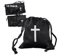 Lunexus Juego de 10 bolsas de terciopelo negro con cordón y cruz blanca de 10 x 9 cm - Bolsa de regalo cristiana de tela para bautizo, comunión, confirmación, boda y recuerdo