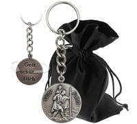Lunexus Llavero de San Cristóbal de 9 cm - Medalla de San Cristóbal Ø 3 cm - grabado «Gute Fahrt» y «Dios te protege» - Bendito con certificado - Patrón de los conductores - amuleto de la suerte