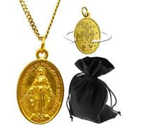 Lunexus Medalla de la Virgen María - Bendito - Colgante dorado con cruz trasera - Joyas católicas con grabado italiano - Cadena de acero inoxidable de 60 cm - Regalo para bautizo comunión confirmación