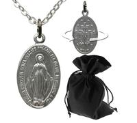 Lunexus Medalla Virgen María - bendita - aspecto plateado brillante con parte trasera cruz M corazones - Colgante de María italiana - Cadena de acero inoxidable 60 cm - Regalo bautizo comunión día de