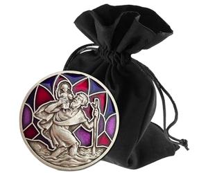 Lunexus Placa de Coche de San Cristóbal Morado - Bendecido con Certificado - Incluye Bolsa de Terciopelo - Imán y Tiras Adhesivas - Amuleto de la Suerte Conductor patrón Viajero - Regalo Cristiano