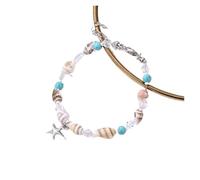 LuoAXINN Pulseras de playa Pulsera bohemia de concha cauri y perlas imitación for mujer, brazalete cadena estrella mar Color dorado, joyería for vacaciones en la playa verano(Color 2)