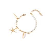 LuoAXINN Pulseras de playa Pulsera bohemia de concha cauri y perlas imitación for mujer, brazalete cadena estrella mar Color dorado, joyería for vacaciones en la playa verano(Color 1)