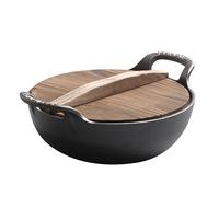 Luocute Olla Caliente de Hierro Fundido, con Tapa de Madera Pesada y Cuerpo de Doble Espesor, para Estufa, Horno, Fogata, Parrilla, Cocina Interior y Exterior (BLACK)
