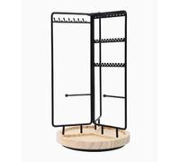 Luocute Soporte Giratorio de Metal para Exhibición de Joyas, con Ganchos Extraíbles y Bandeja de Madera, Organizador de Múltiples Compartimentos para (Soporte de joyería giratorio de 3 lados negro)