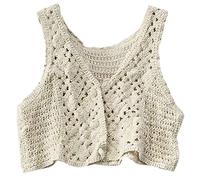 LUOFENG Chaleco para mujer, de punto de ganchillo, sin mangas, con botones, de encaje floral, para Jac