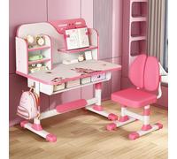 Luojuny - Juego de mesa de estudio para niños, mesa de estudio ajustable en altura con diseño astronauta, silla de oficina ergonómica con gran mesa de escritura, estante y cajón (rosa, rosa