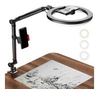 LUOLED Anillo de luz con soporte y soporte para teléfono, anillo de luz USB de 10 pulgadas para escritorio, soporte de cámara superior con anillo de luz, lámpara de escritorio con abrazadera para