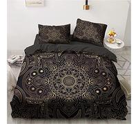 Luowei Juego de ropa de cama boho 220 x 240 cm, funda nórdica negra y dorada, diseño indio, bohemio, mandala, exótico, con cremallera, y 2 fundas de almohada de 80 x 80 cm con cremallera