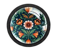 Luoweisi 4 pomos de armario de estilo folclórico noruego con diseño de flores verdes, pomos redondos para cajones de tocador, manijas de tocador de un solo agujero para decoración del hogar, cocina