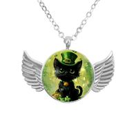 Luoweisi Collar de alas de ángel con trébol de gato del día de San Patricio, aleación de zinc, regalo para hombres y mujeres, talla única, Aleación de aluminio, No es una piedra preciosa