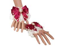 Luoyiyuan Sweet Hand - Pulsera de doble capa con lazo de encaje floral, cadena de perlas de imitación, mangas de cosplay