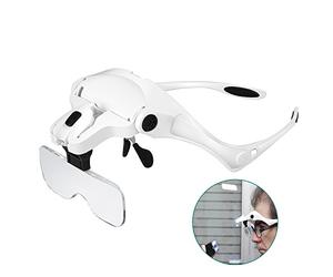 Lupa con Luz 2 Led - RIGHTWELL Gafas Lupa de Aumento para Leer, Lentes de Aumento Perfecto para Lectura, Reparaciones, Coser, Joyería y Relojería, Modelismo - 5 Lentes 1.0X-3.5X Ajustable