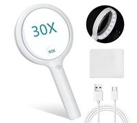 Lupa con Luz, 30X Lupas de Mano de Gran Aumento, Lupa de Lectura de Mano, Lupas de Gran Aumento con 20 LED 3 Modos de Luz Recargable por USB, Lupas para Lectura, Hobbies, Joyería, Exploración