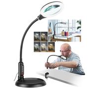 Lupa de 10 aumentos con luz y soporte, LED 5 modos de color, brillo de atenuación continua, lupa iluminada manos libres, lámpara de escritorio flexible con cuello de cisne con abrazadera para trabajos