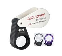 Lupa de Joyero Iluminada 30x, Lupa de Joyero Recargable, Lupa de Joyero Plegable, Lupa LED Triple con 6 LED y Luz UV para Gemas, Joyas, Monedas, Sellos, etc.