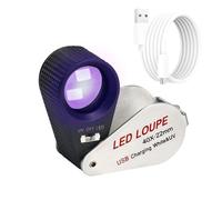 Lupa de joyero Iluminada 40x, Recargable, Plegable, LED Triple con 6 LED y Luz UV para Gemas, Joyas, Monedas, Sellos, etc.