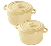 LUPATDY 2 Piezas Mini Cocotte de Cerámica 250 ml, Moldes para Soufflé, Redondos Cuenco Ceramica con Tapas y Asas para Crema Brulee, Verduras, para Horno, Microondas, Amarillo Crème