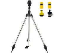 LUPATDY Aspersor de jardín de 360° con trípode, aspersor de césped ajustable en altura 64-94 cm, acero inoxidable y latón, con piquetas, ancho de pulverización 10-24 m para césped, jardín y bancal