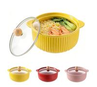 LUPATDY Fuente de cerámica 800 ml, cuenco de cerámica con tapa, moldes redondos con asas para lasaña, ramen, hornear, ensalada, para freidora de aire caliente, horno, microondas, amarillo