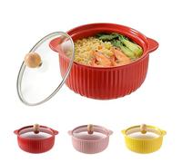 LUPATDY Fuente de cerámica de 800 ml, cuenco de cerámica con tapa, moldes redondos con asas para lasaña, ramen, hornear, ensalada, para freidora de aire caliente, horno, microondas, rojo