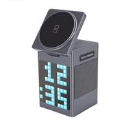 Luqeeg Cargador Inalámbrico 6 en 1, Reloj con Pantalla de Píxeles y Altavoz Despertador Bluetooth, Ideal para 17 16e 16 15 14 13 12 Pro